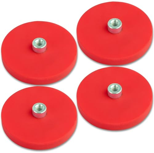 Neodym Magnete Gummiert Ø 43mm Mit M4 Innengewinde 15 KG Zugkraft - 4 Stück | Flachgreifer Magnet Scheibe Topfmagnet Gummi Rund mit Gewinde Bohrung für Schrauben Öse oder Haken