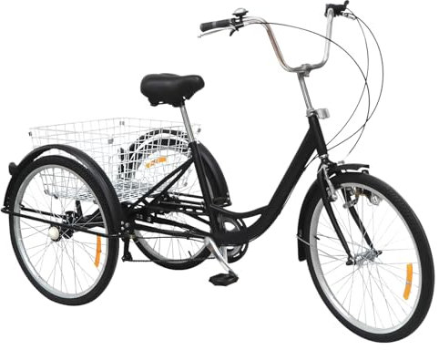 Fyssnn 24 Zoll Dreirad Für Erwachsene Cityräder 6-Gang Fahrrad Dreirad Mit Einkaufskorb und Licht Erwachsene Höhenverstellbar Geeignet für Städte Strände Radwege und alle Arten von Straßen (Schwarz)