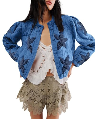 Damen Cropped Steppjacken Leichte Blume Winter Warm Button Down Puffer Jacke Mantel mit Taschen, blau, L