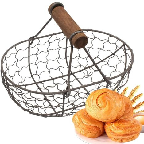 Cesto portauova in filo metallico con manico, cestino per la raccolta delle uova, vassoio per uova in ferro, cestino per uova in filo metallico con manico in legno, cestino per il pane, cestino per la