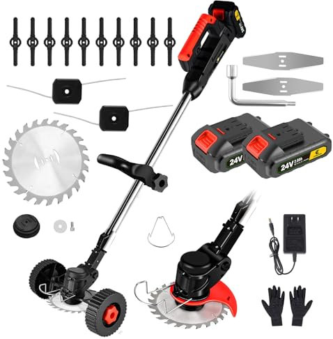 Cordless Strimmer Garden Strimmer with 4 Blades 2 x 21V 2.0Ah Battery Grass Trimmer for Yard, Garden, Sidewalk Edges Light (Cordless Strimmer) (Black)