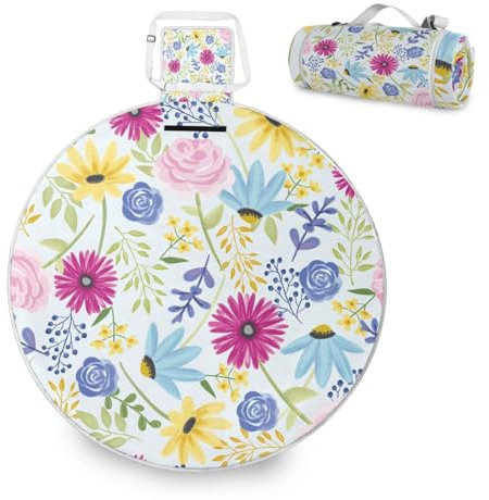 Mnsruu Große Picknickdecke, Blumen, Sonnenblume, Rose, Gänseblümchen, wasserdicht, rund, Picknickmatte, tragbarer Teppich, Outdoor, für Strand, Camping, Park, Reisen, 148 cm