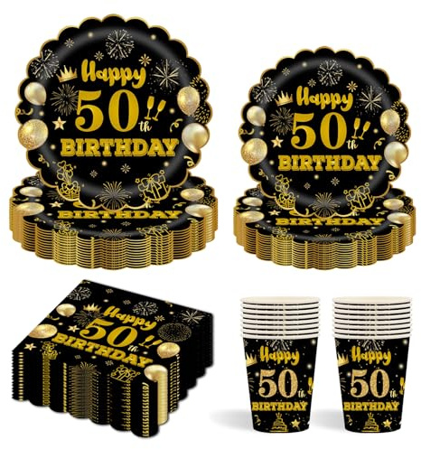 96 Stück Schwarz und Gold Partygeschirr,50th Geburtstag Party Pappteller Becher Servietten Partyteller Set für Geburtstag Kinder Party Dekoration Papier Geschirr-24 Gäste