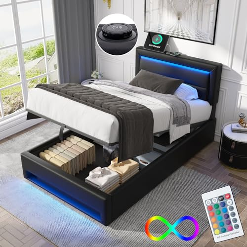 Cama 90 x 190 cm con LED y USB (soporta inalámbrica), cama tapizada de 90 x 190 cm con cabecero y espacio de almacenamiento, cama individual con somier, cama de almacenamiento, cama juvenil moderna