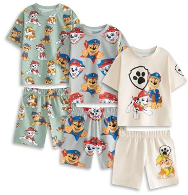 Paw Patrol Conjunto de Pijama Verde Claro, Gris y Crema para niño | Paquete múltiple de 3 Pijamas de Manga Corta y Pierna Corta | Ropa de Estar por casa de Chase, Marshall, Skye y Rubble