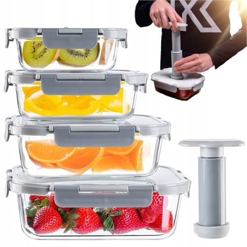 KADAX Lot de 4 boîtes de conservation sous vide en verre avec couvercle sous vide et pompe manuelle - Récipients en verre pour aliments - Boîtes de mise sous vide