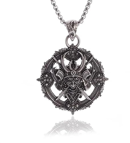 Luck Trader Japanese Samurai Warrior Pendant Necklace, 4.5 cm Medallion, 60 cm Chain, Antique Silver