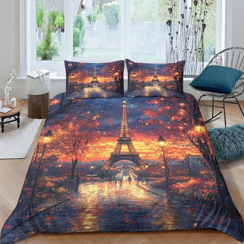 Set di biancheria da letto con copripiumino 3D, motivo Torre Eiffel, per ragazzi, ragazze e bambini, con federe, in microfibra, per letto king size (220 x 240 cm)