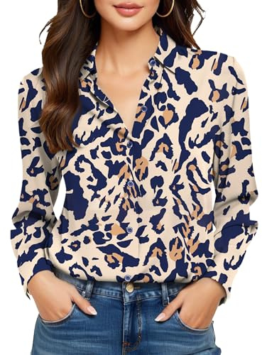 COUXILY Blouses for Women Business Casual Women's Long Sleeve Womens Dressy Silk Shirts Fall Trendy Tops Button Down Blouse Up Shirt Dress Work Non-Iron Wrinkle Free Cute Blue Pattern 02 L