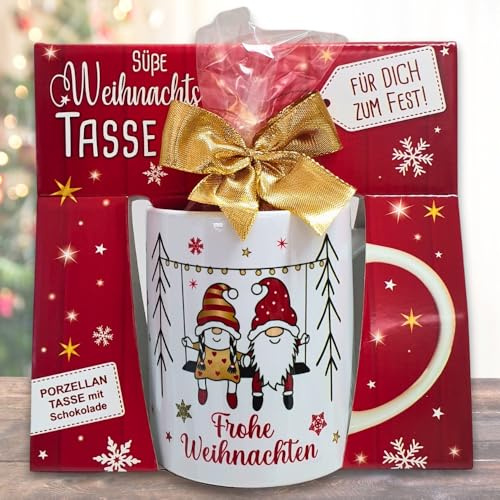Süße Weihnachtstasse - Wichtel Paar, Frohe Weihnachten - Kaffeetasse Tasse und Schokolade mit Geschenkverpackung zu Weihnachten | Beidseitig Gold Bunt bedruckt