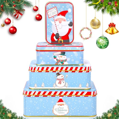 AMCHLEL 4 Cajas Metalicas Navidad con Tapas, Cajas de Lata Navidad, Caja de Metal para Galletas Rectángulo, Caja Metalicas Vintage, Latas de Galletas de Winter para Chocolate, Dulces, Aperitivos