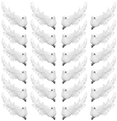 24 Stück künstliche weiße Tauben Dekoration mit Metallclips, weiße gefiederte Mini-Vögel zum Anclipsen an Baumschmuck für DIY-Bastelarbeiten, Weihnachtsbaumschmuck, Kränze, Hochzeitsdekoration (24)