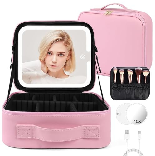 OSDUE Estuches de Maquillaje con Espejo Iluminado, PU Impermeable Maquillaje, Recargable Espejo LED (3 Colores y Regulación Continua) Profesional Neceseres de Viaje, EVA Compartimentos Ajustables Rosa