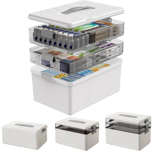 AmoreTempo 3-stöckige Medikamentenbox Hausapotheke Organizer | Mit Tragegriff & Tablett.Ideal für Zuhause,Reise oder Auto.Schützt vor Staub & Licht.Geeignet für Kleinteile