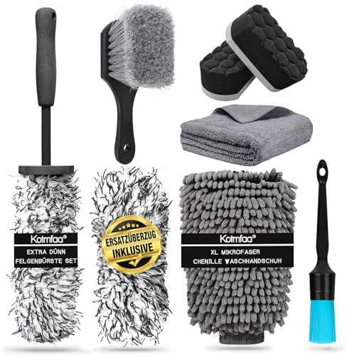 Kotmfaa Felgen Reinigungsset mit Mikrofaser Felgenbürste extra dünn, Reifenbürste, Auto Detailing Pinsel, Reifenglanz Schwamm, Trockentuch, Waschhandschuh | schonende- & kratzfreie Autowäsche Pflege
