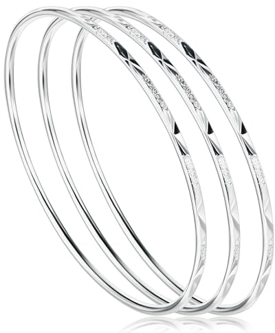 Lusofie 3Pcs 925 Sterling Silver Bangle Bracelet for Women, Elegant Shiny Star Cuff Bangle Bracelet for Mom, Wife on Valentine's Day, Mother's Day(2.51in)