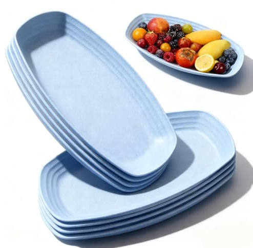 XHNKEG 8 Stück Ovale Speiseteller, 29,6 × 18,4 cm Kunststoff Teller Camping Teller Plastikteller Mehrweg Picknickteller Set für Party Picknick Kuchen Salat Nudeln Blau