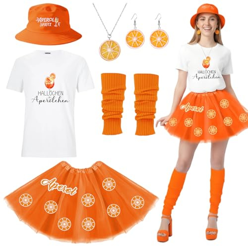 Aperol Costume da donna Apero Spritz, gonna in tulle, set di costume da carnevale con maglietta tutù gonna cappello da pescatore, collana orecchini autoadesivi per feste di carnevale (L)