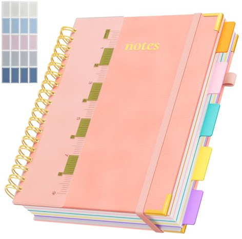 XYark B5 Hardcover Spiral Notebook, 8x10 College Ruled Notebooks with Removable Dividers Tabs & Ruler, 5 Subject Notebook 300 Pages, Large Lined Journal for Women Men School Work Office, Pink