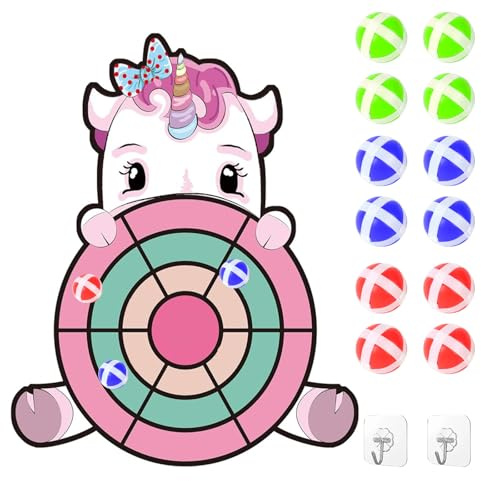 Jasjfasd Dartscheibe Kinder, Einhorn Spielzeug für 3–12, Wurfspiel Kinder, 71cm Einhorn Geschenke für Mädchen Dartscheibe mit 12 Klebrigen Bällen, Drinnen und Draußen Hängendes Wurfspiel Sets