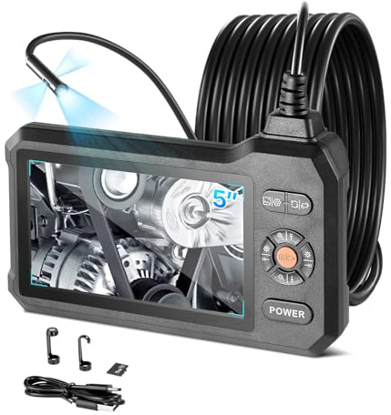 VEVOR Endoscopio de Triple Cámara, Cámara de Inspección con Pantalla IPS, Sonda de 8 mm, Cable de 5 m, 32 GB, Batería 3000 mAh, Luces LED, Zoom 8X para Motores, HVAC, Tuberías, Automoción y Fontanería