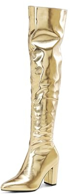 TNMIUH Bottes Cuissardes Femme Métallisées Or et Argent, Bottes Hautes à Talon Bloc et Bout Pointu, Chaussures de Soirée Sexy Défilé de Mode Disco Clubbing