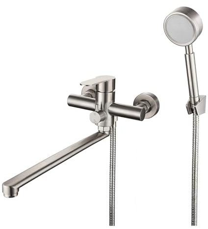 Badewannenarmatur mit Handbrause, Wannenarmatur Langer Auslauf 35CM, Badewannen Armaturen Set,Gebürstet,Armatur Badewanne Dusche mit Handbrausehalter