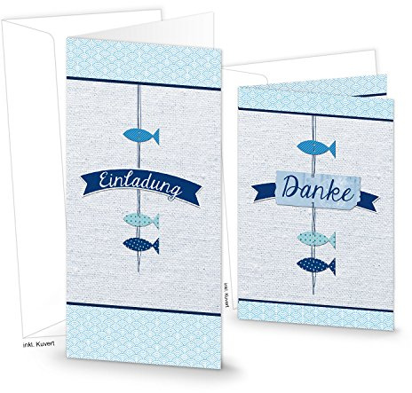 Logbuch-Verlag Set 10 Einladungen + 10 Danke Karte Kommunion Firmung Taufe Hochzeit blau weiß türkis Fische