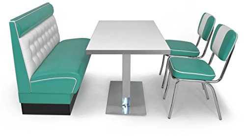 möbelland24 American Diner Sitzgruppe türkis: Sitzbank Chicago 120cm + Diner Tisch + 2X Retro Stuhl