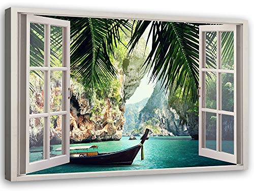 Feeby Lienzo Vista de la Ventana Trópico 90x60 cm 1 Pieza Modernos Impresión Artística Imagen Decoración de Pared Salon Dormitorio Cocina Oficina Pasillo Verde
