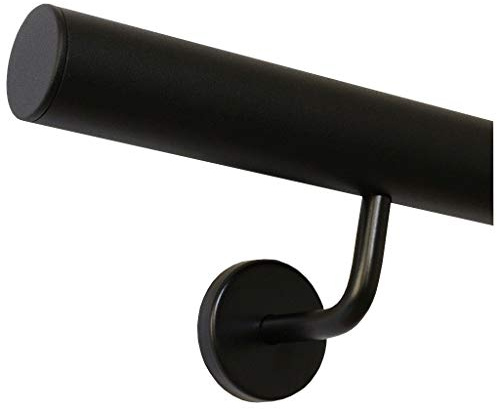 TIBU Handlauf Schwarz pulverbeschichtet V2A Edelstahl Geländer innen außen wetterfest beständig 150 cm mit 2 Halter und gerade Kappe