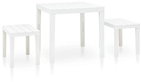 Tidyard Gartentisch Gartenmöbel-Set aus strapazierfähigem Mit 1 x Tisch,2 x Bank,Wetterbeständig und langlebig,Keine Montage nötig,Kunststoff,Weiß
