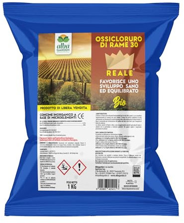 Albagarden - Ossicloruro Di Rame 30% + Boro - Verderame Per Piante, Concime effetto Fungicida per Piante - Contro Malattie Peronospora, Bolla del Pesco, Oidio - Polvere Bagnabile Biologica x 1 kg