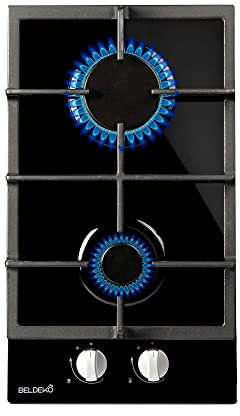 Plaque de cuisson gaz domino 2 foyers 4000 W – verre noir & fonte – 30 × 52 cm – livré en gaz bouteille + injecteurs ville inclus – BELDEKO