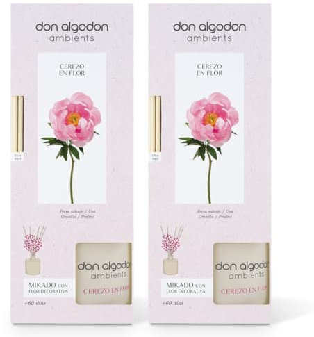 Don Algodon Ambients Ambientador Mikado Flor de Cerezo. Difusor de varillas 0% Alcohol, 60 días duración. (Pack 2 uds. x 60 ml), 1 Unidad (Paquete de 2)