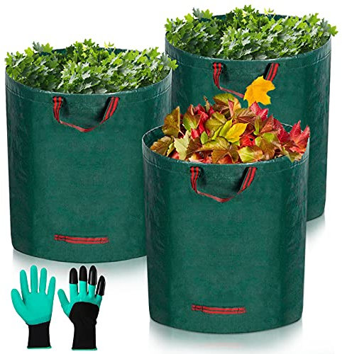 JOYBOY 3xSacchi da giardinaggio Professional 300L,Sacchi per rifiuti da giardino,Robusto Antistrappo,e riutilizzabili Borsa da Giardino,impermeabili 1 Paio di Guanti da Giardinaggio