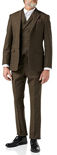 Mens Herringbone 3 Piece Suit Retro 1920s Grey Brown Tweed Classic Tailored Fit [SUIT-BROWN-54]