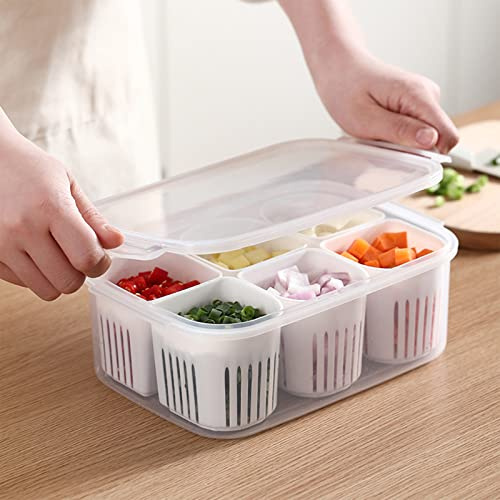 Fofetbfo Vegetable Organizer Box with 6 Pcs Drain Basket, Reusable Food Storage Box Vegetable Spice Case, Plastic Food Containers for Chopped Green Onion Ginger Garlic Vegetables