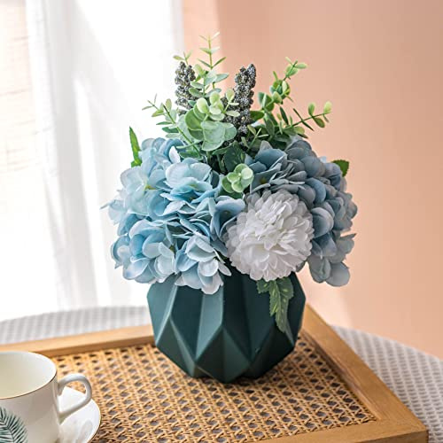 NAWEIDA Künstliche Blume in Vase, Seide, Blaue Hortensien, Blumen mit Vase, Kunstblumenarrangement mit Vase, geeignet für Heimbüro-Dekoration, Esstischdekoration