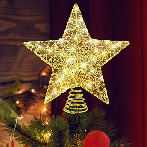 Etoile Sapin de Noel, 25 cm Etoile Sapin de Noel Lumineuse, Métal Design Gletterez 20 LED Lights Cime d'arbre de Noël for Festive Christmas Home Décoration (Or pailleté)