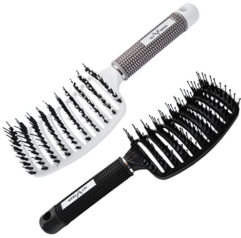 1st Deer Detangling Nylon Bristle Brush, 2 pcs Styling Hair Brush, Curved Vented Hairbrush for Faster Drying, Detangler for Dry Wet Long Thick Curly Straight Hair (White, Black)