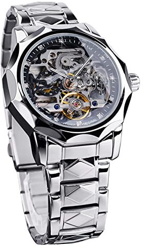 FORSINING Herren-Automatikuhr, mechanisches Skelett-Tourbillon-Uhren, modisch, Business, wasserdicht, luxuriöses Diamant-Zifferblatt, silber, Armband