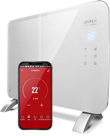 gridinlux Homely Radiateur électrique en verre, thermostat de chauffage, chaleur convective, WiFi, App, silencieux, adapté aux salles bains, WIFI WARM 1000