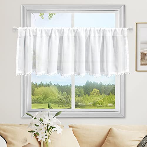 choicehot Sheer Net Short Curtain for Kitchen - Cafe Window Valance with Rod Pocket Privacy Protected 40cm Drop Half Curtain with Pompom Taless Decorate Bedroom Living Room Balcony, 40x150cm/15 x59