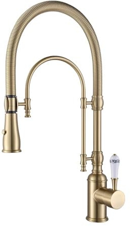 Kunmai Single Handle High Arc Kitchen Sink Faucets Brushed Gold Dual-Mode Pull-Down Kitchen Faucet Solid Brass Porcelain Handle