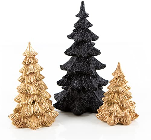 Logbuch-Verlag Deko-Bäume Weihnachten Set 3-teilig – schwarz-Gold mit Glitzer – 8,5 bis 18 cm – edle Weihnachtsdeko & Geschenkidee