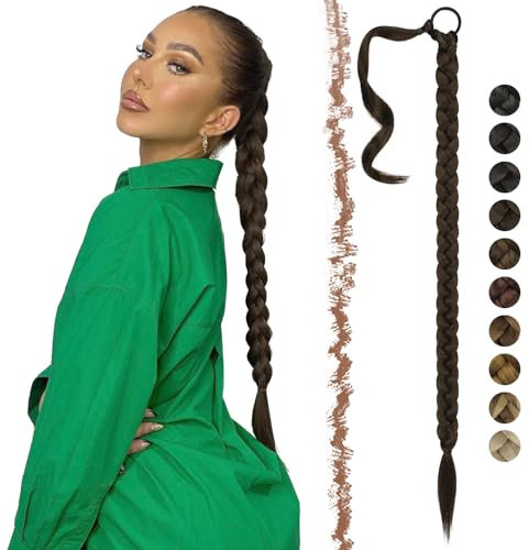 FESHFEN Lunga Estensione Coda di Cavallo, 65 cm Treccia Lunga Coda Finta Capelli Posticci per Coda con Elastico Marrone Castano Coda Capelli Lunghi Sintetico Ponytail Extension per Donne