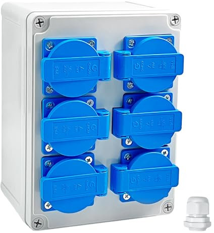 6 x 220 V Distributore da Cantiere, Distributore di Corrente da Parete Con Coperchio Protettivo Separato, Grado di Impermeabilità IP54, Quadro Elettrico da Cantiere, Quadro Elettrico Esterno