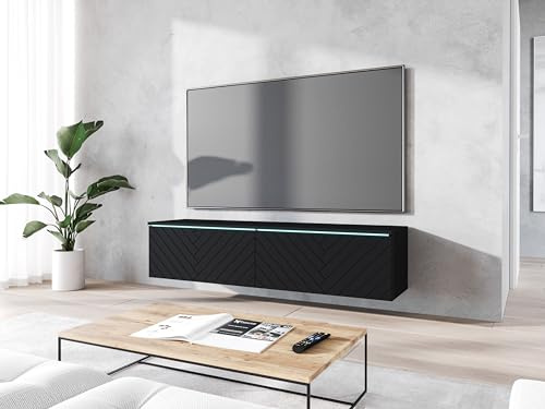 MINIO go for it - Meuble TV Donna Largeur 140 cm Lowboard sans LED | Debout ou suspendu, meuble TV pour le salon, noir graphite / motif en chevrons