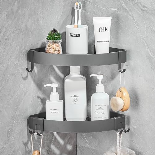 FIISAYL Duschablage Ohne Bohren Duschregal Ecke Badezimmer Organizer Badregal Duschkorb, Dusche eckregal mit 4 Haken Raumfahrt Aluminium Wandmontage Grau, 2 Stück